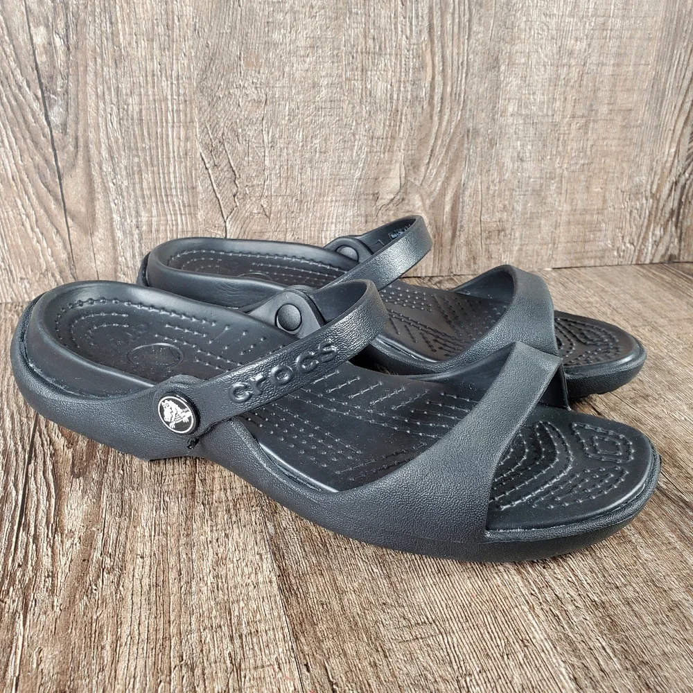 Crocs Cleo Women's Size 7 Black Double Strap Comfort Slide Sandals 10043